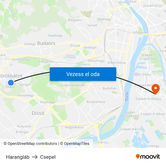Harangláb to Csepel map
