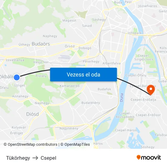 Tükörhegy to Csepel map