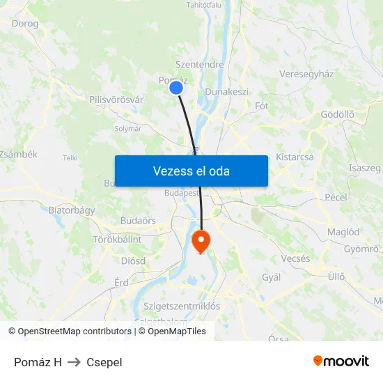 Pomáz H to Csepel map