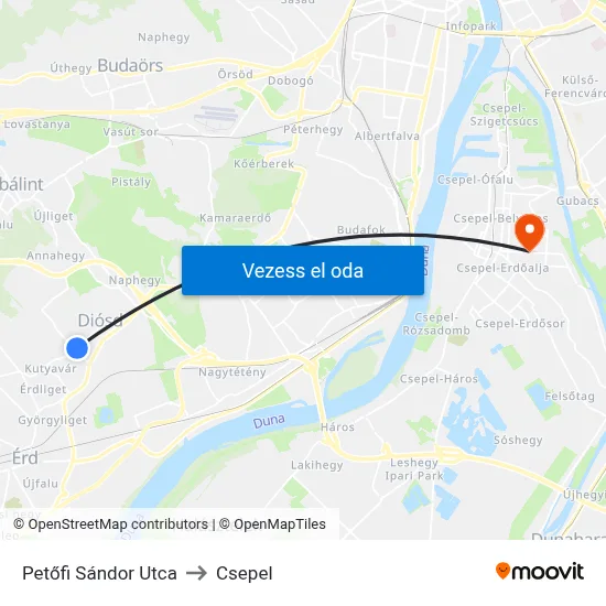 Petőfi Sándor Utca to Csepel map