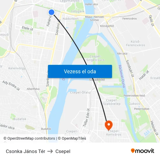 Csonka János Tér to Csepel map