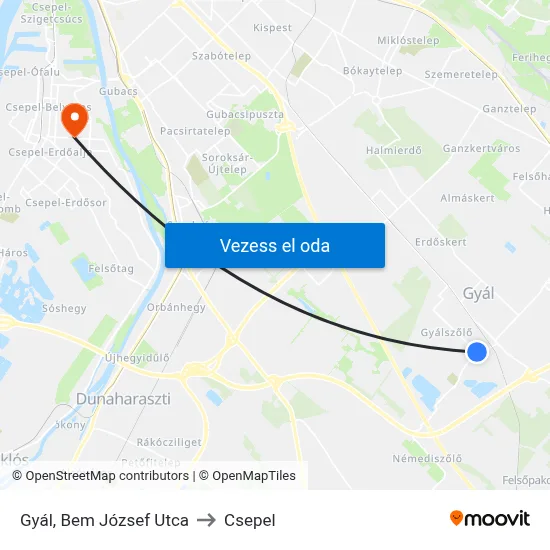 Gyál, Bem József Utca to Csepel map