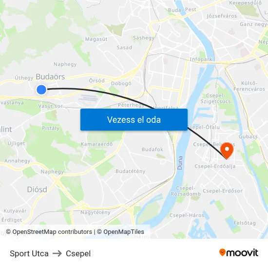 Sport Utca to Csepel map