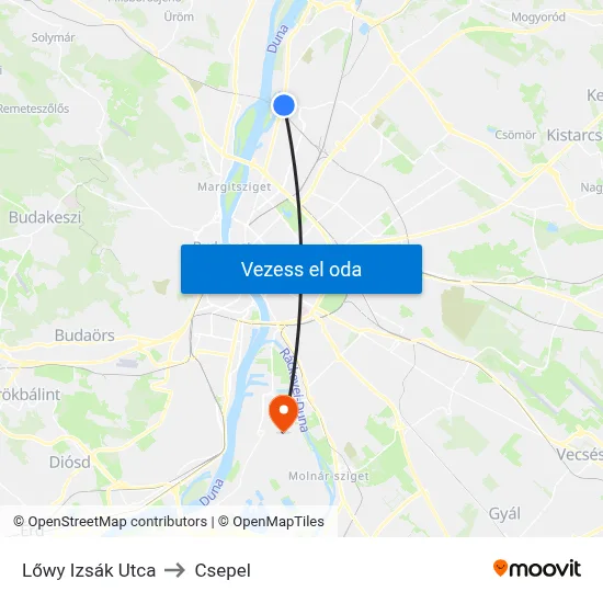 Lőwy Izsák Utca to Csepel map