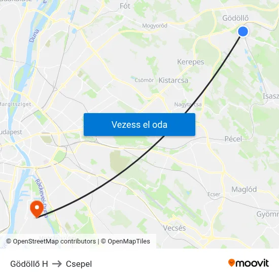 Gödöllő H to Csepel map