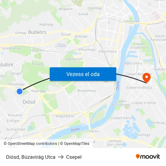 Diósd, Búzavirág Utca to Csepel map
