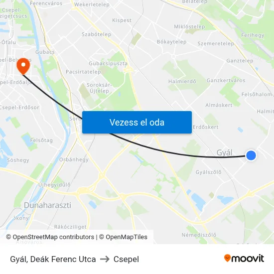 Gyál, Deák Ferenc Utca to Csepel map