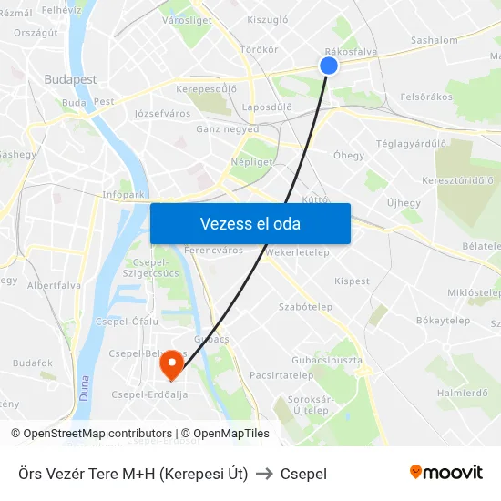Örs Vezér Tere M+H (Kerepesi Út) to Csepel map