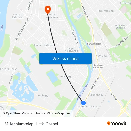 Millenniumtelep H to Csepel map