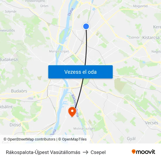 Rákospalota-Újpest Vasútállomás to Csepel map
