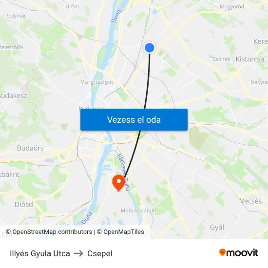 Illyés Gyula Utca to Csepel map