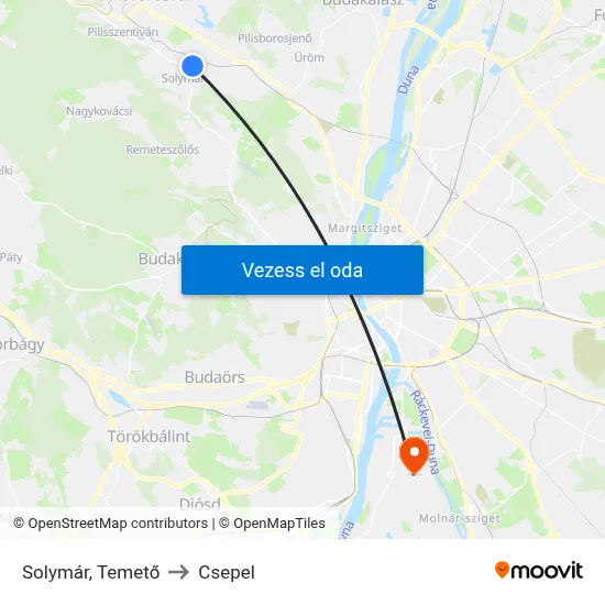 Solymár, Temető to Csepel map