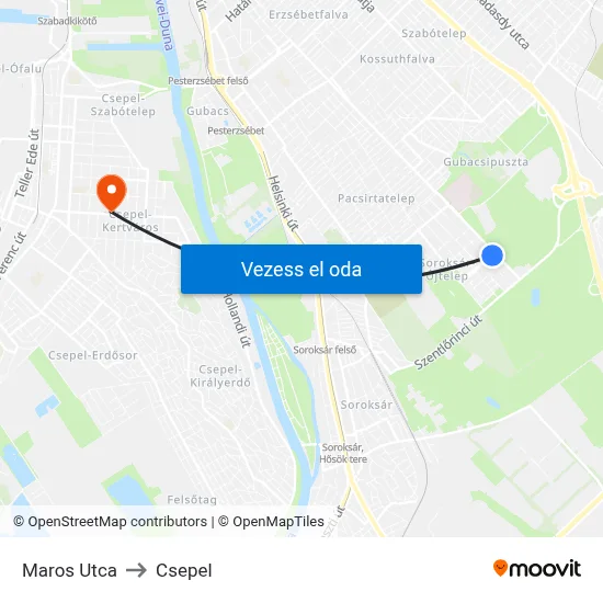 Maros Utca to Csepel map