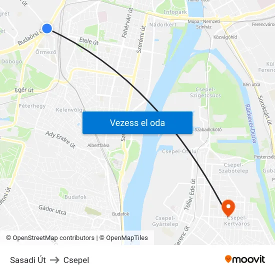 Sasadi Út to Csepel map