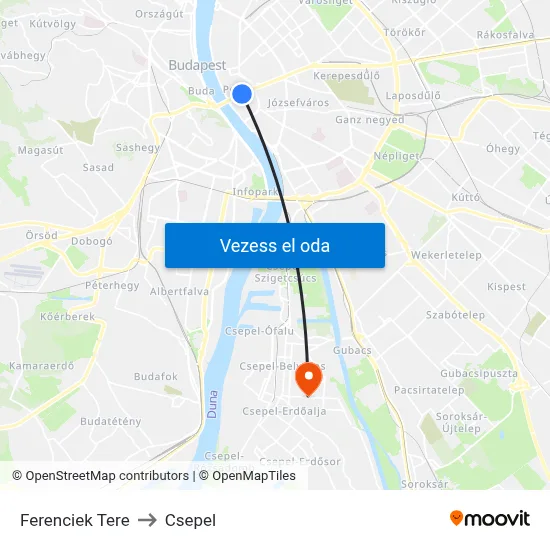 Ferenciek Tere to Csepel map