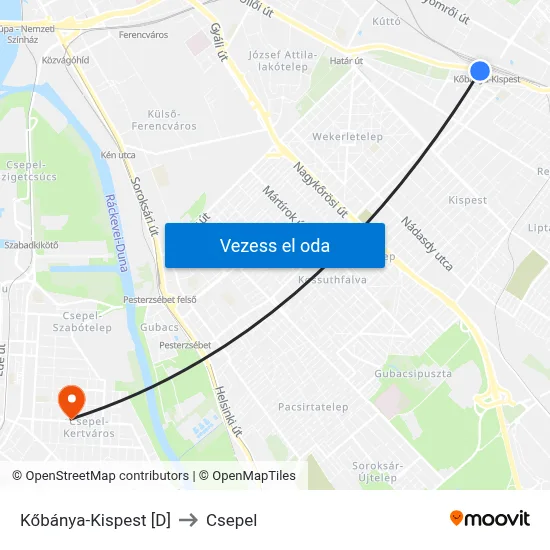 Kőbánya-Kispest [D] to Csepel map