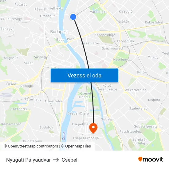 Nyugati Pályaudvar to Csepel map