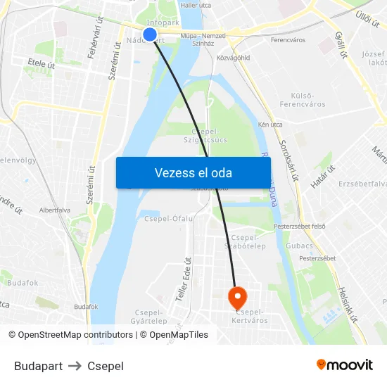 Budapart to Csepel map