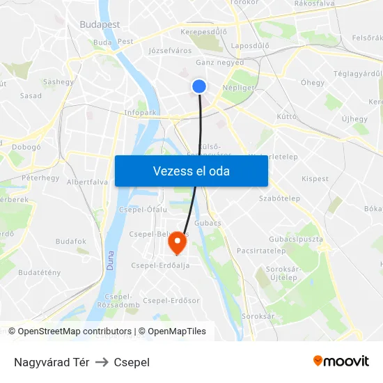 Nagyvárad Tér to Csepel map