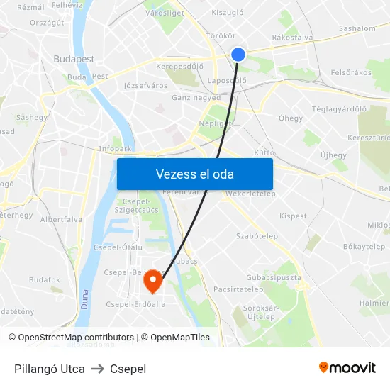 Pillangó Utca to Csepel map