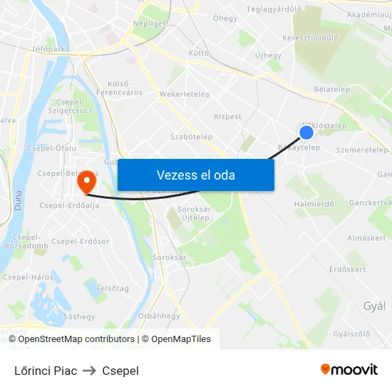 Lőrinci Piac to Csepel map