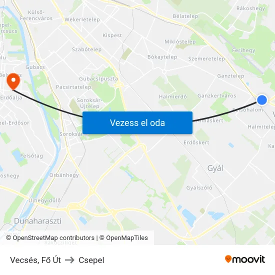 Vecsés, Fő Út to Csepel map