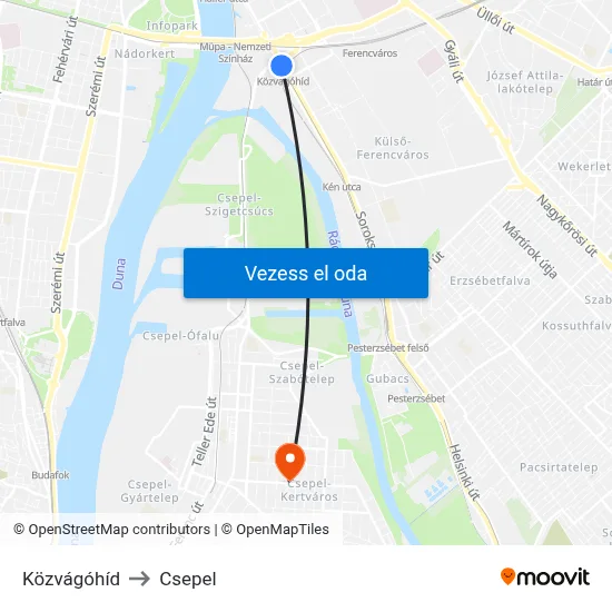 Közvágóhíd to Csepel map