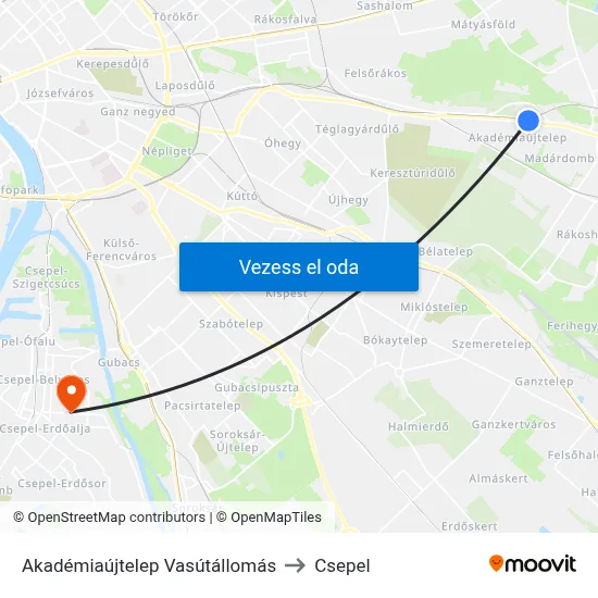 Akadémiaújtelep Vasútállomás to Csepel map