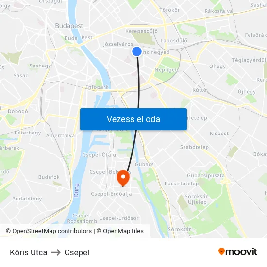 Kőris Utca to Csepel map
