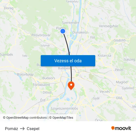Pomáz to Csepel map