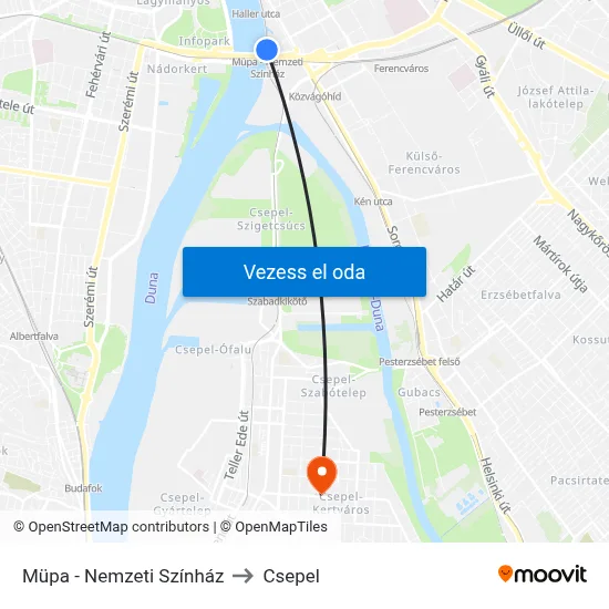 Müpa - Nemzeti Színház to Csepel map