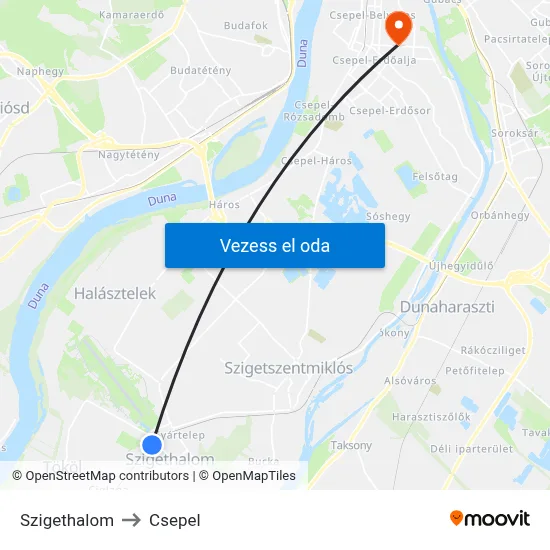 Szigethalom to Csepel map
