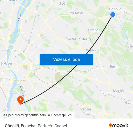 Gödöllő, Erzsébet Park to Csepel map