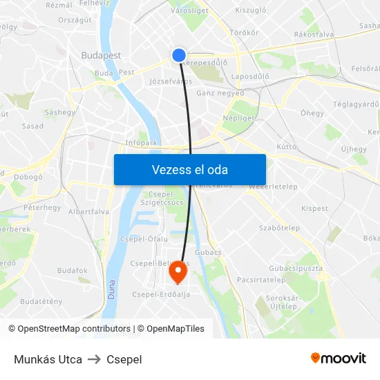 Munkás Utca to Csepel map
