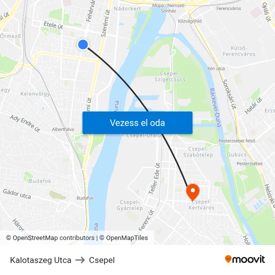 Kalotaszeg Utca to Csepel map