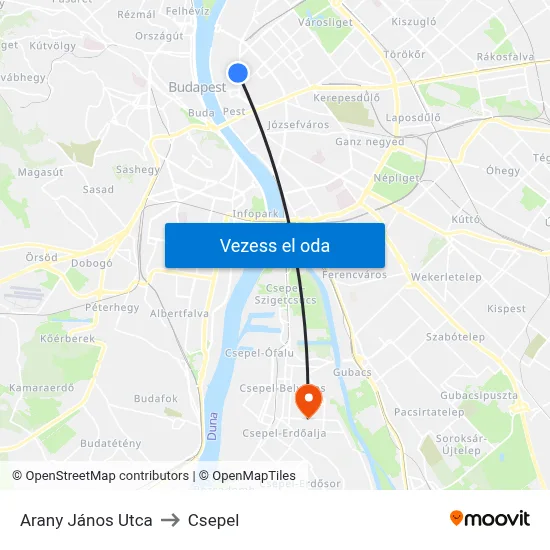Arany János Utca to Csepel map