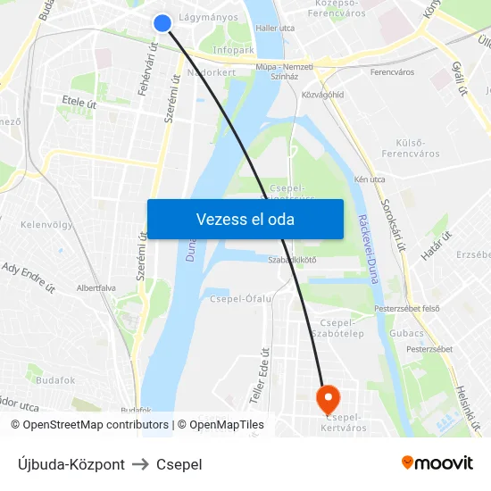 Újbuda-Központ to Csepel map