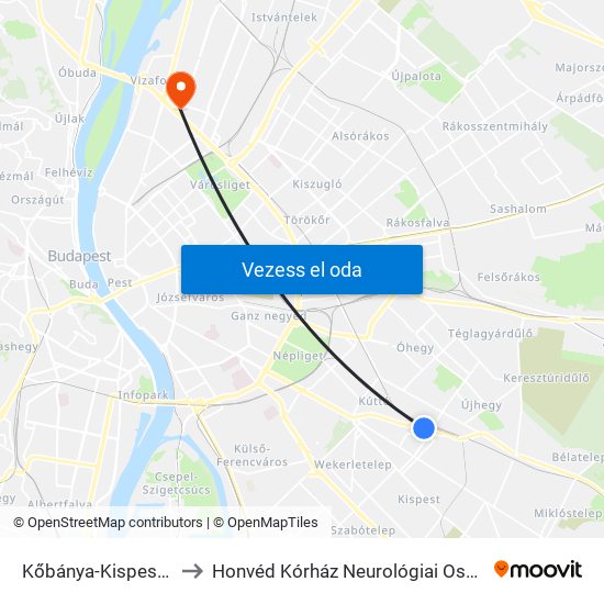 Kőbánya-Kispest M to Honvéd Kórház Neurológiai Osztály map