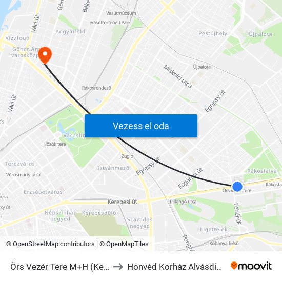 Örs Vezér Tere M+H (Kerepesi Út) to Honvéd Korház Alvásdiagnosztika map