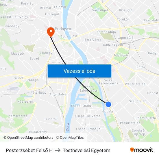 Pesterzsébet Felső H to Testnevelési Egyetem map