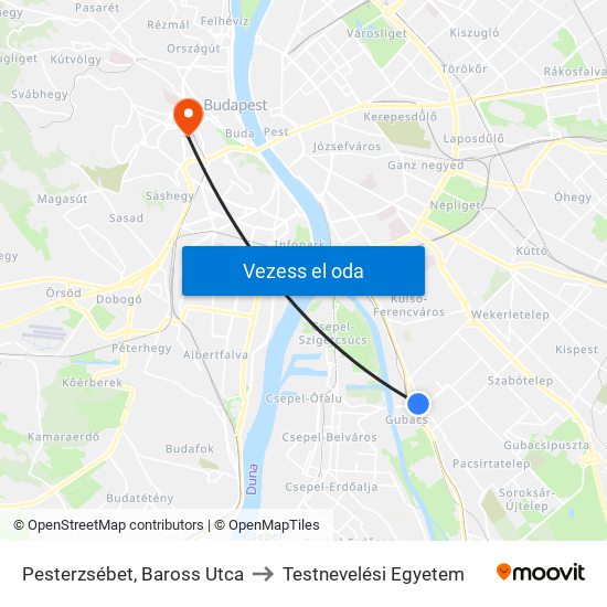 Pesterzsébet, Baross Utca to Testnevelési Egyetem map