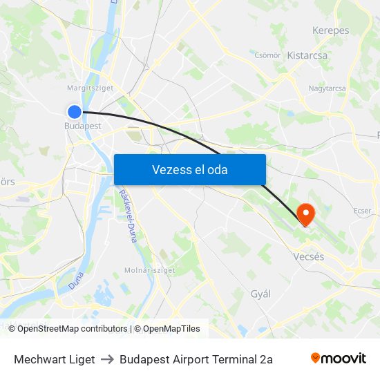 Mechwart Liget to Budapest Airport Terminal 2a map