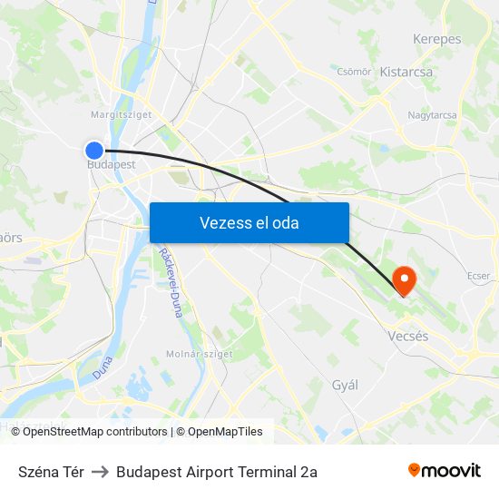 Széna Tér to Budapest Airport Terminal 2a map