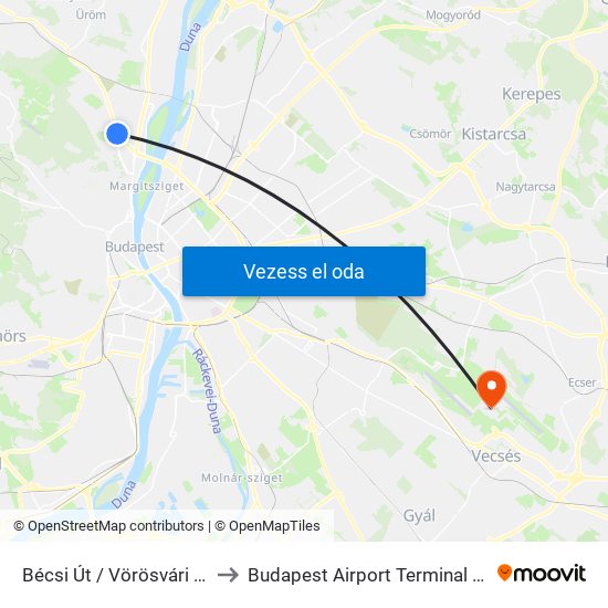 Bécsi Út / Vörösvári Út to Budapest Airport Terminal 2a map