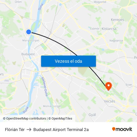 Flórián Tér to Budapest Airport Terminal 2a map