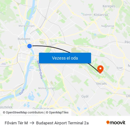 Fővám Tér M to Budapest Airport Terminal 2a map