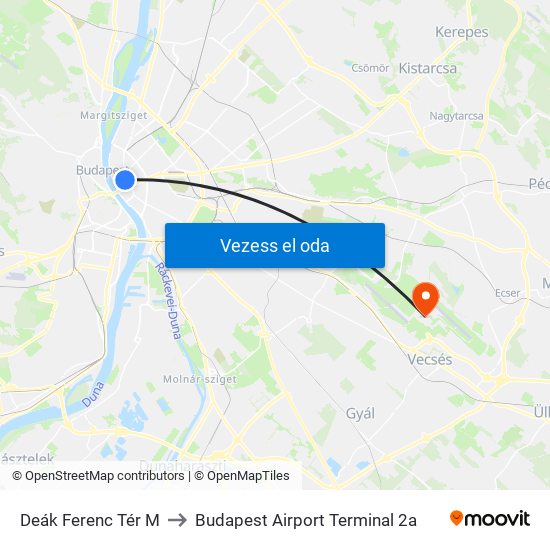 Deák Ferenc Tér M to Budapest Airport Terminal 2a map