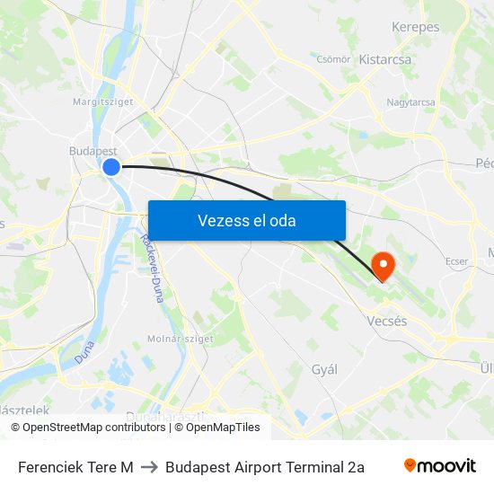 Ferenciek Tere M to Budapest Airport Terminal 2a map