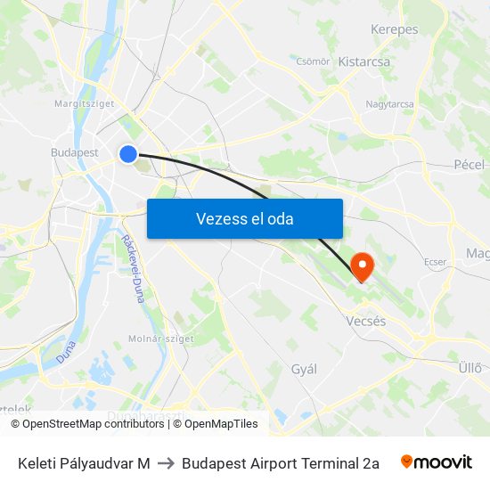 Keleti Pályaudvar M to Budapest Airport Terminal 2a map