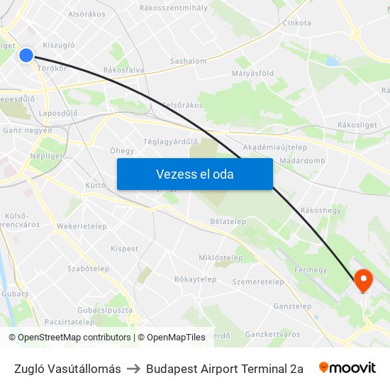 Zugló Vasútállomás to Budapest Airport Terminal 2a map